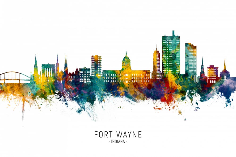 Fort Wayne Watercolor Skyline by Michael Tompsett — canvas wall art