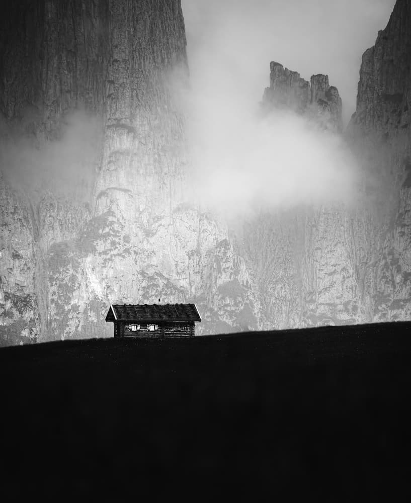 Lone Cabin Foggy Mountains by Ales Krivec — canvas wall art