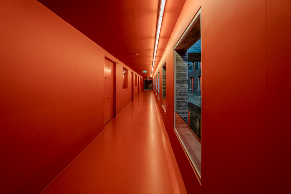 Vibrant Red Corridor by Jaap Koer — canvas wall art