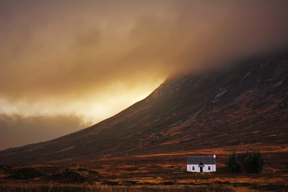 Golden Hour Mountain Cabin by Milos Lach — canvas wall art