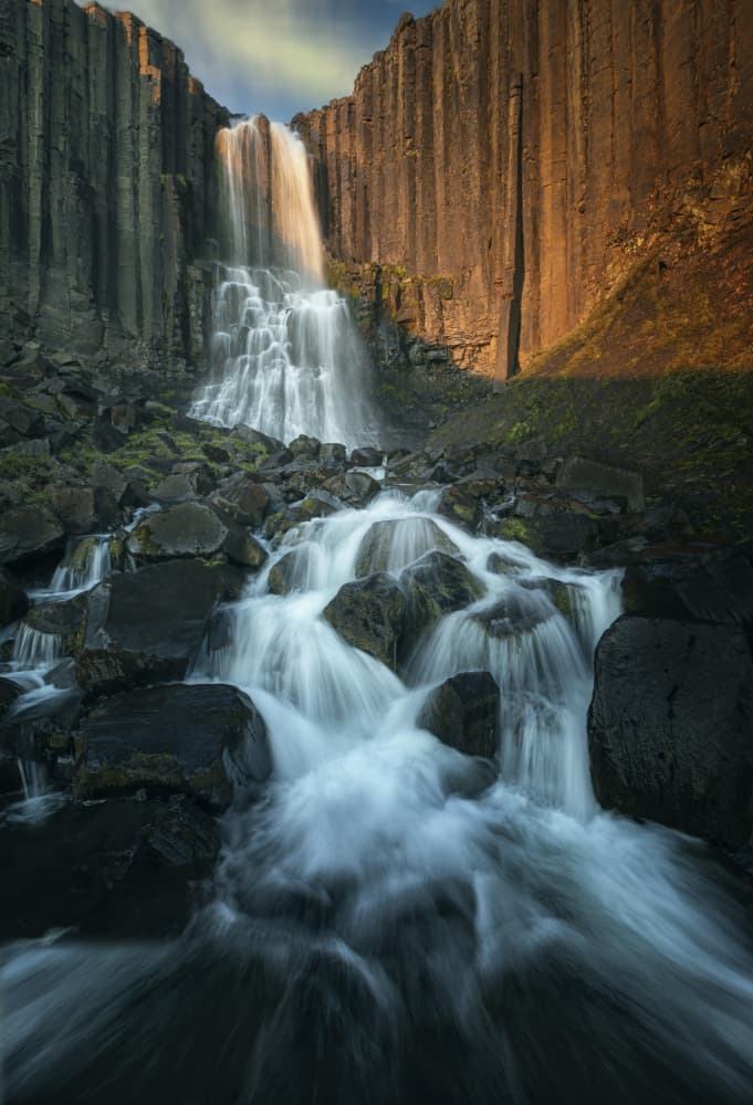 Golden Basalt Waterfall by David Guo — canvas wall art