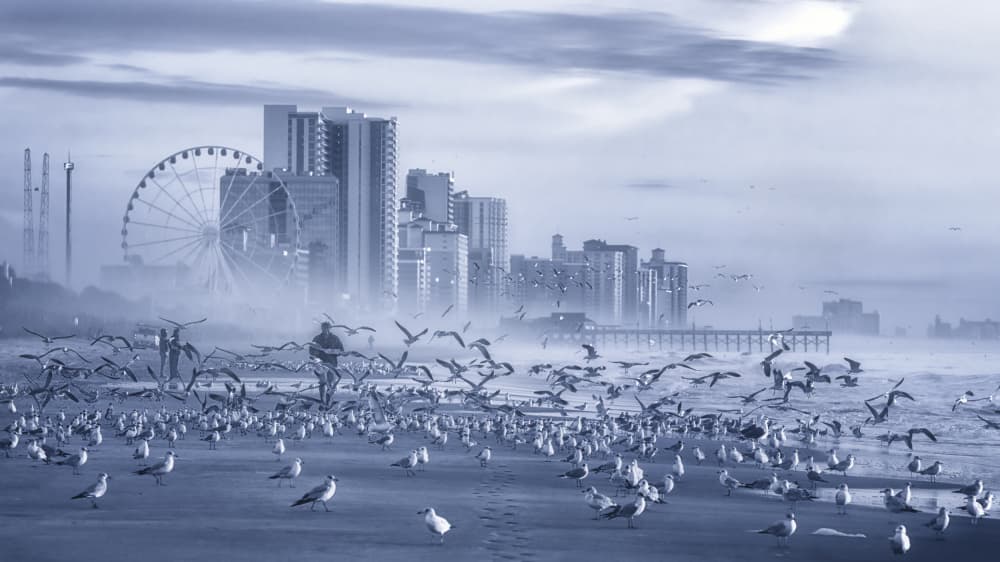 Misty Beach Cityscape by Jianping Yang — canvas wall art