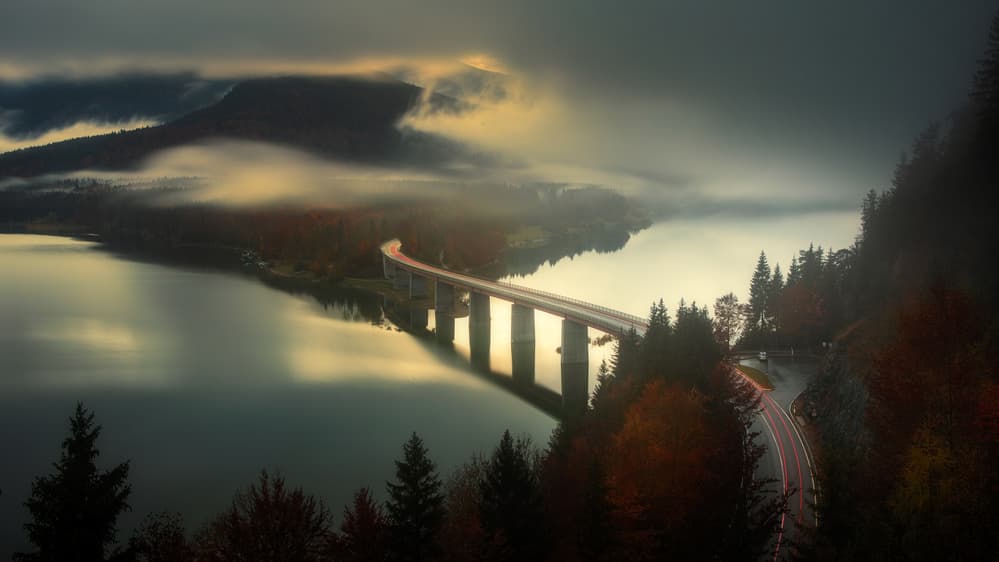Misty Mountain Lake Bridge by Thomas Siegel — canvas wall art