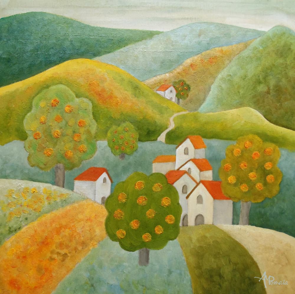 Peaceful Orange Tree Village by Angeles M. Pomata — canvas wall art