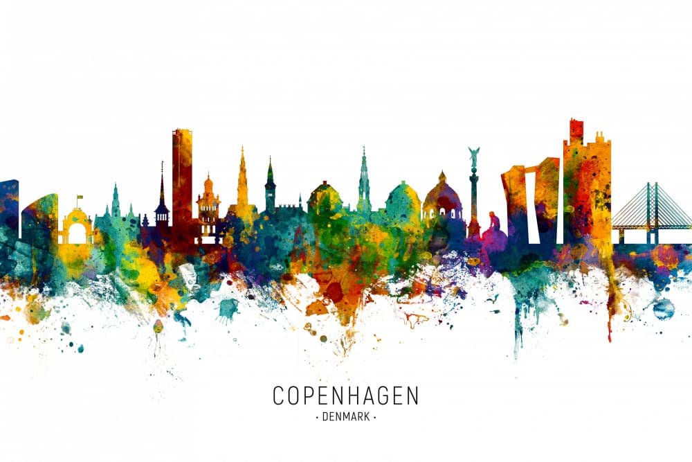 Copenhagen Watercolor Skyline by Michael Tompsett — canvas wall art