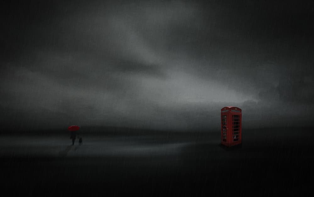 Red Umbrella Rainy Phone Booth by Orkidea W. — canvas wall art