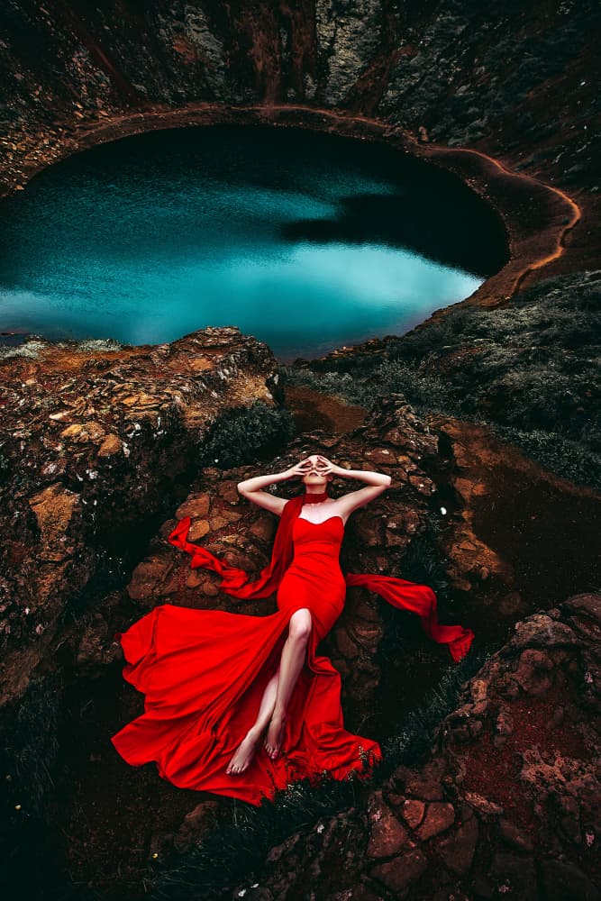Red Dress Crater Lake by Ruslan Bolgov — canvas wall art