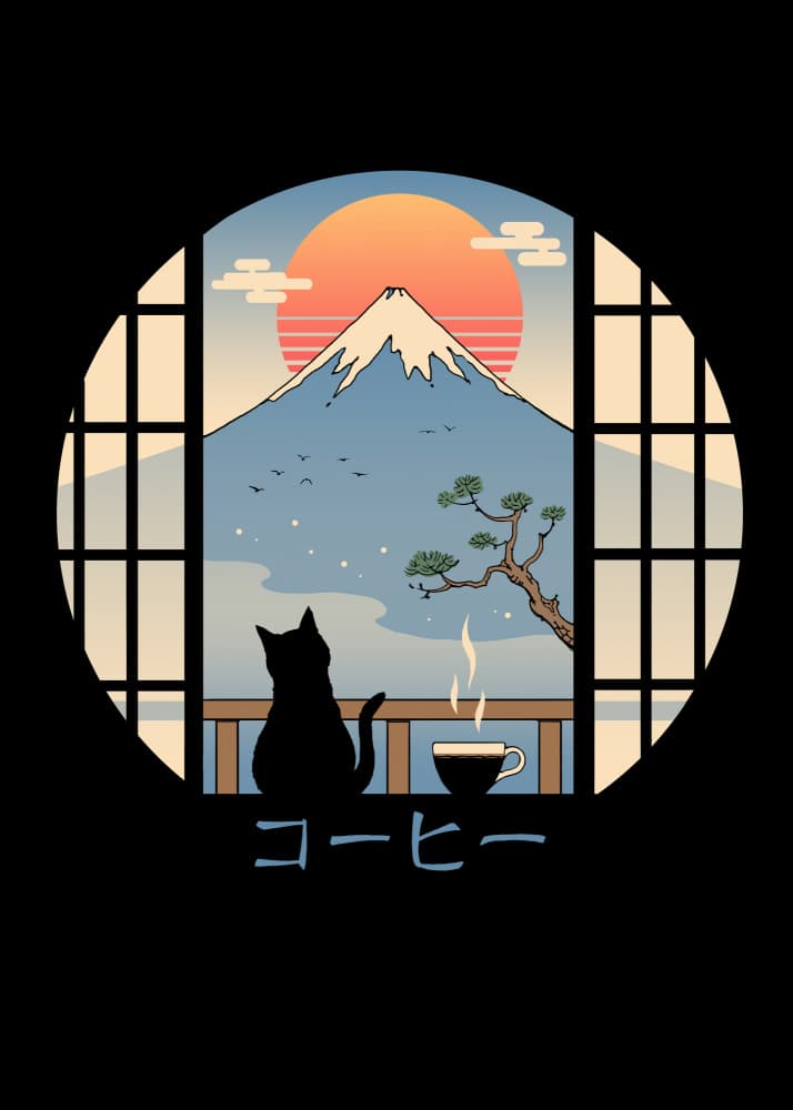 Coffee Cat In Mt. Fuji by Vincent Trinidad — canvas wall art