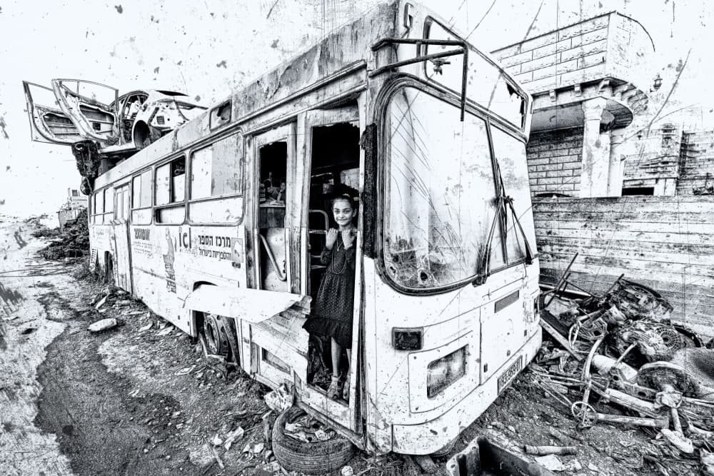 Smiling Girl Abandoned Bus by Amnon Eichelberg — canvas wall art