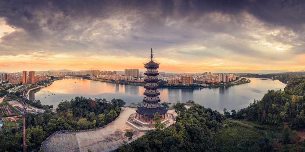 Dramatic Pagoda City Sunset by qiye — canvas wall art