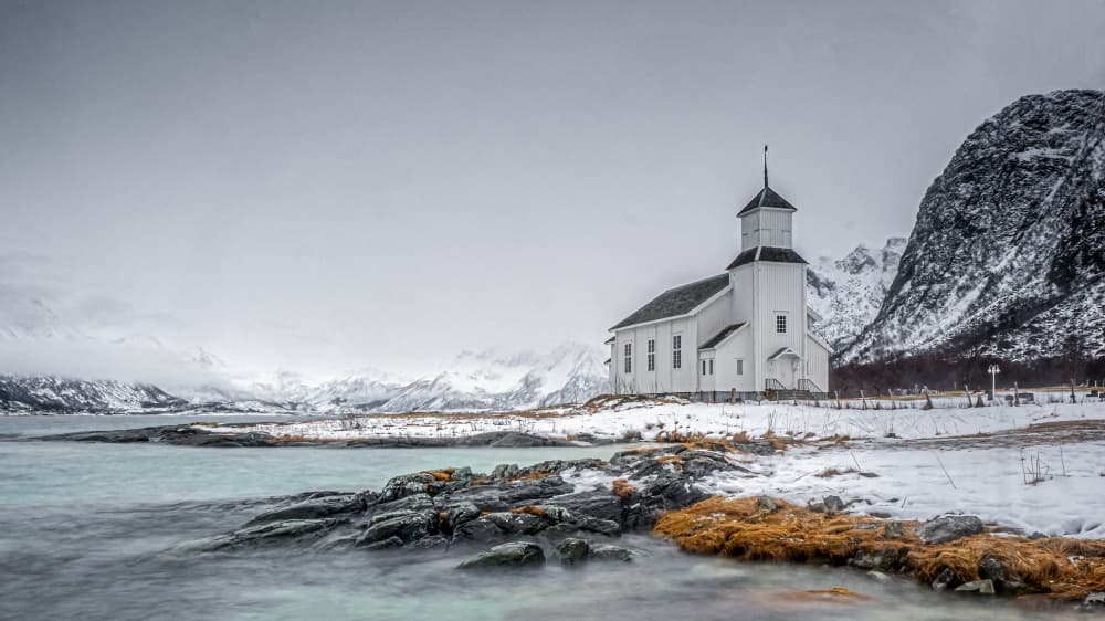 White Church Winter Coast by Henk Goossens — canvas wall art