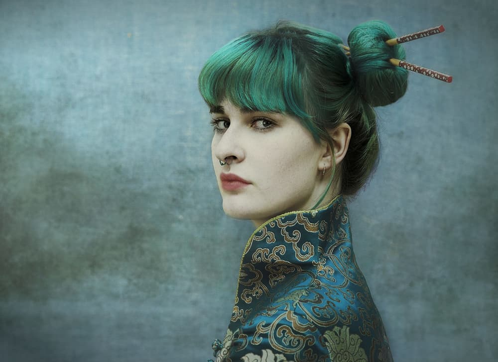 Elegant Teal Kimono Portrait by kenp — canvas wall art