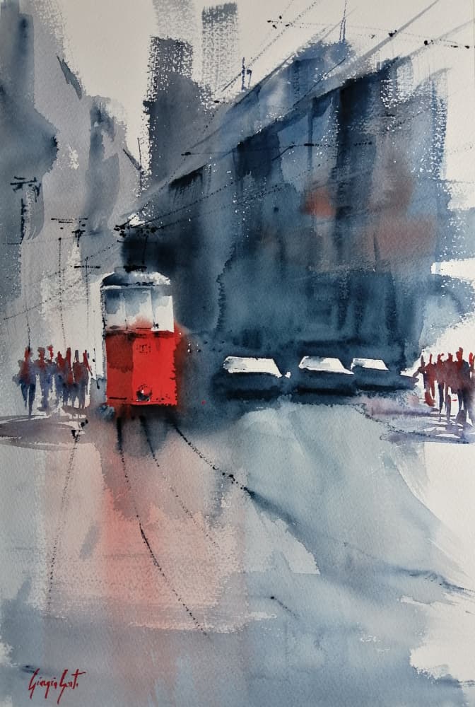 Red Tram City Street by Giorgio Gosti — canvas wall art