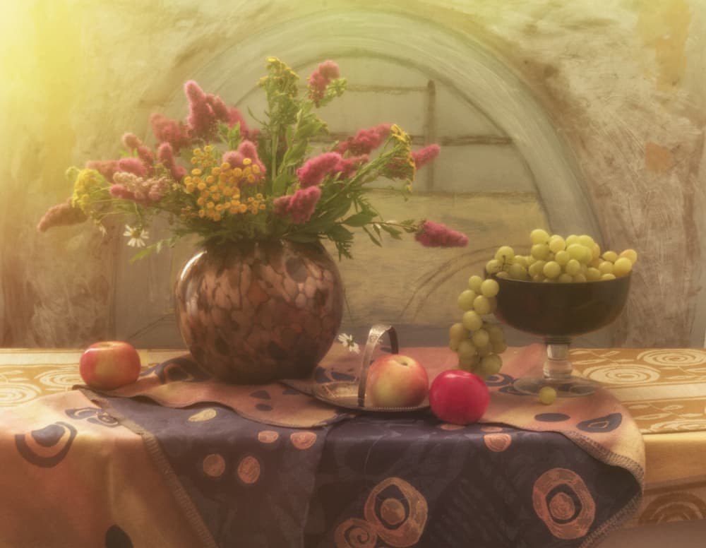 Warm Floral Fruit Still Life by UstinaGreen — canvas wall art