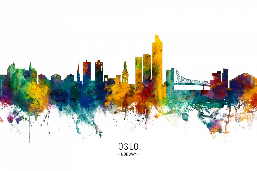 Oslo Watercolor Skyline by Michael Tompsett — canvas wall art