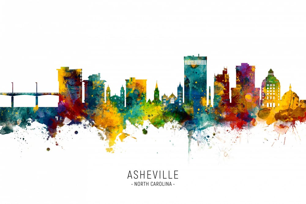Vibrant Asheville Skyline Watercolor by Michael Tompsett — canvas wall art