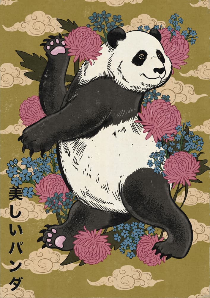 Happy Panda with Flowers by Nicholas — canvas wall art