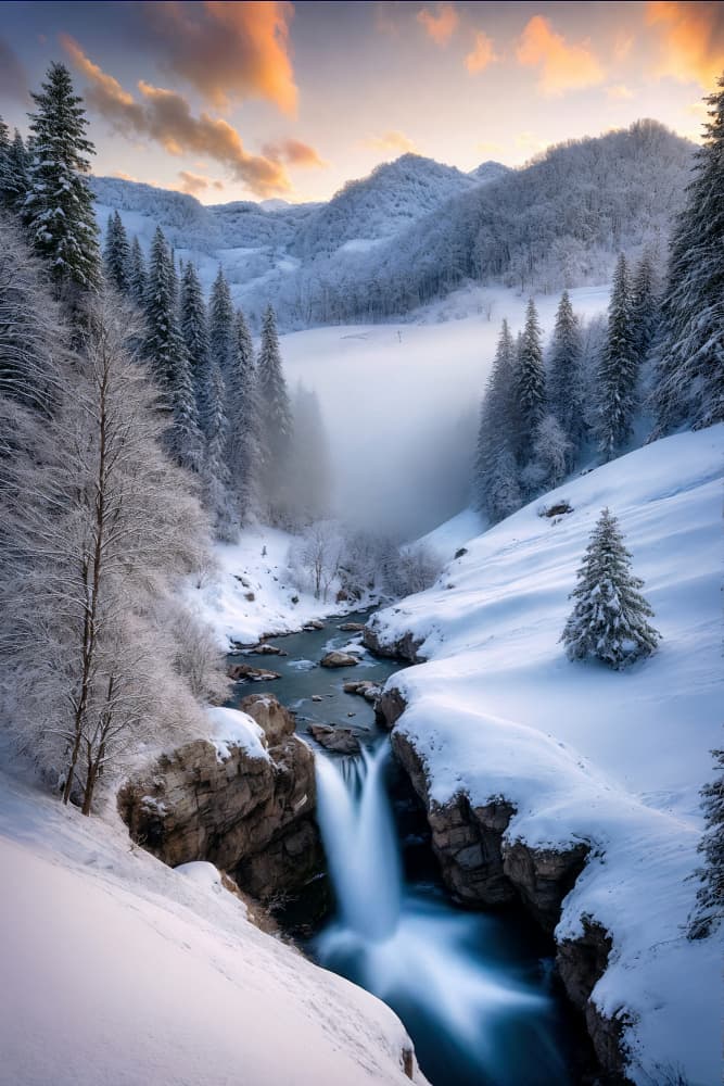 Snowy Valley Waterfall by Manu Allicot — canvas wall art
