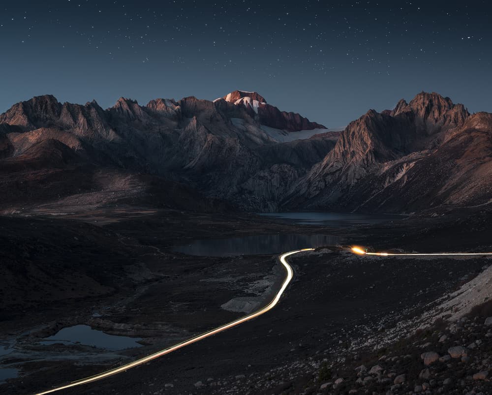 Night Mountains Light Trails by MiracleGuo — canvas wall art
