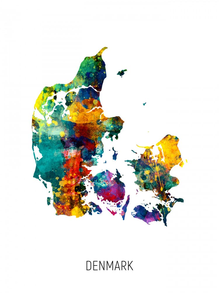 Vibrant Denmark Map by Michael Tompsett — canvas wall art