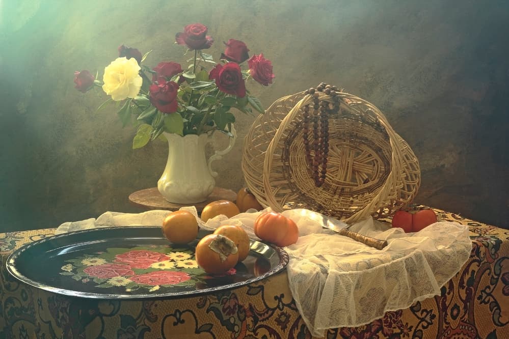 Vintage Rose and Fruit Still Life by UstinaGreen — canvas wall art