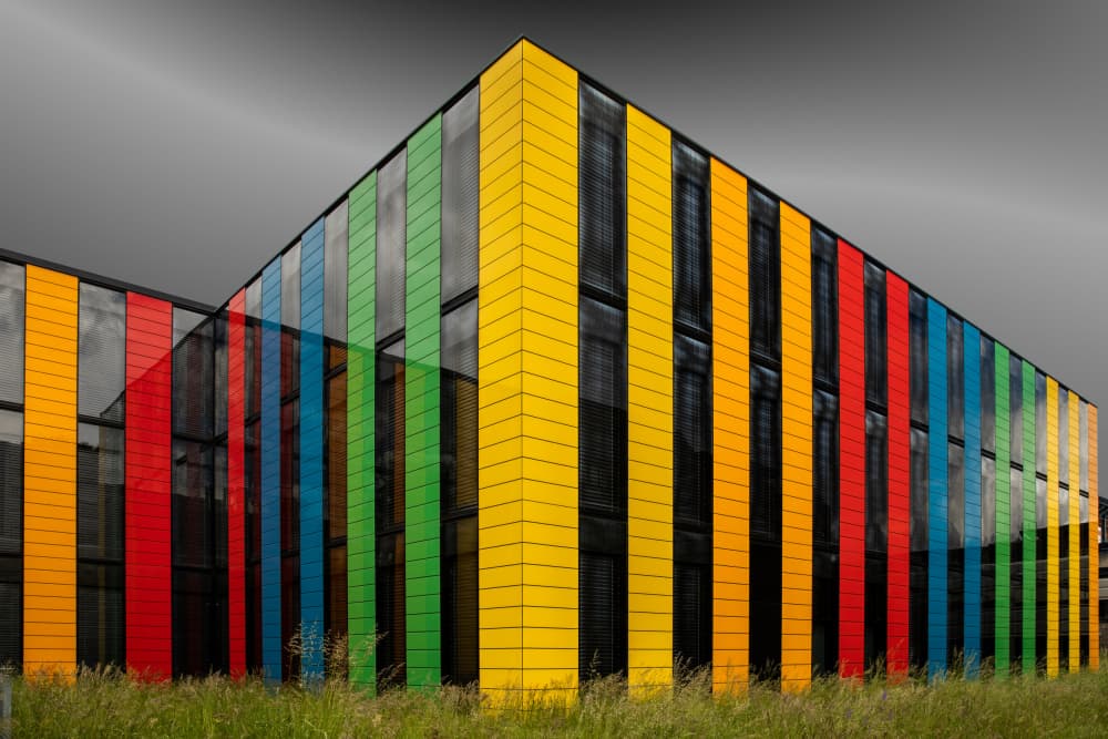 Vibrant Striped Building by Urs Zimmermann — canvas wall art