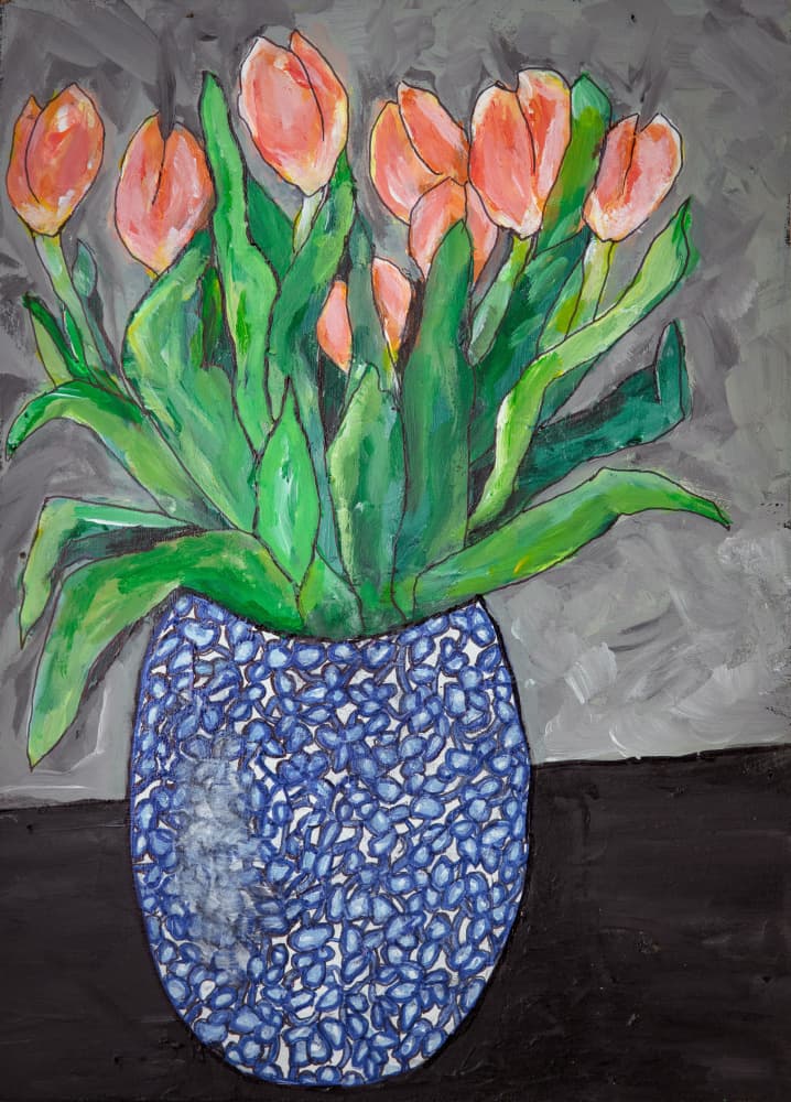 Vibrant Tulips In Blue Vase by Dale Hefer — canvas wall art