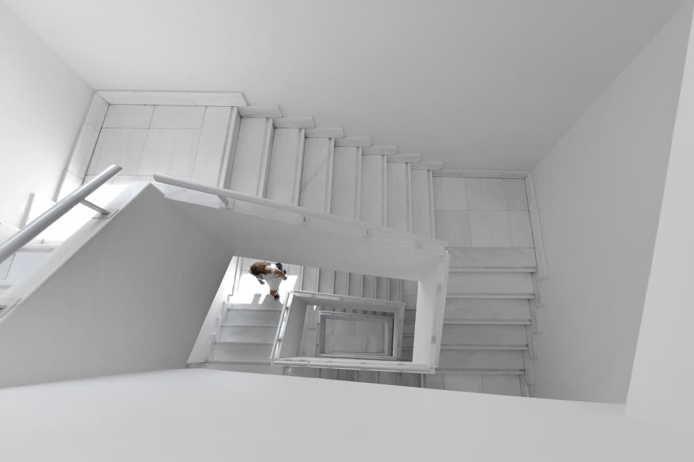 Geometric White Stairwell by Jorge Pimenta — canvas wall art