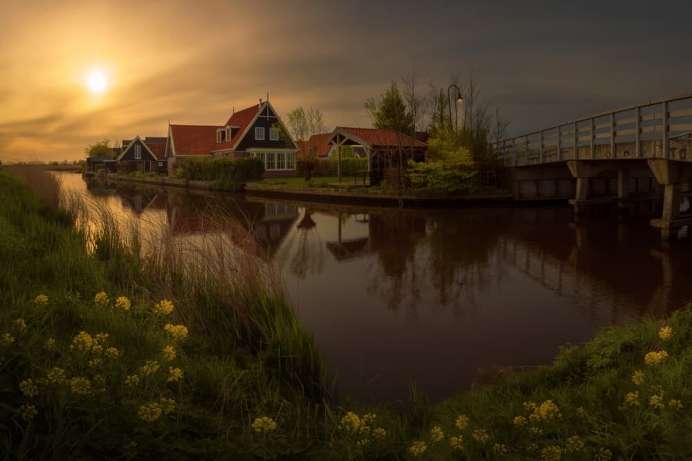 Golden Sunset Village Canal by SANDEEP MATHUR — canvas wall art