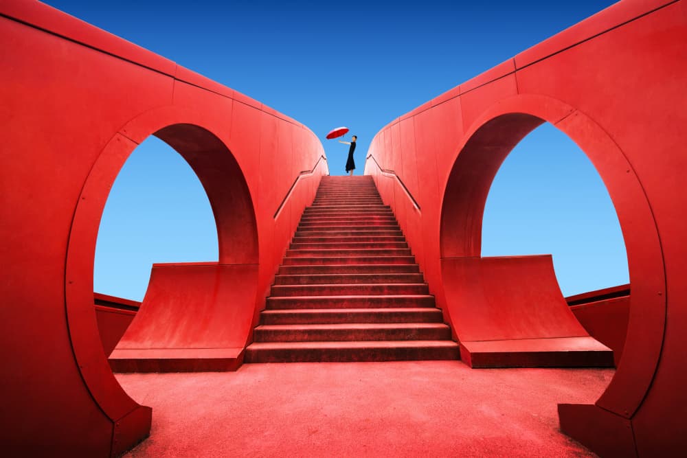 Woman Ascending Red Staircase by konglingming — canvas wall art