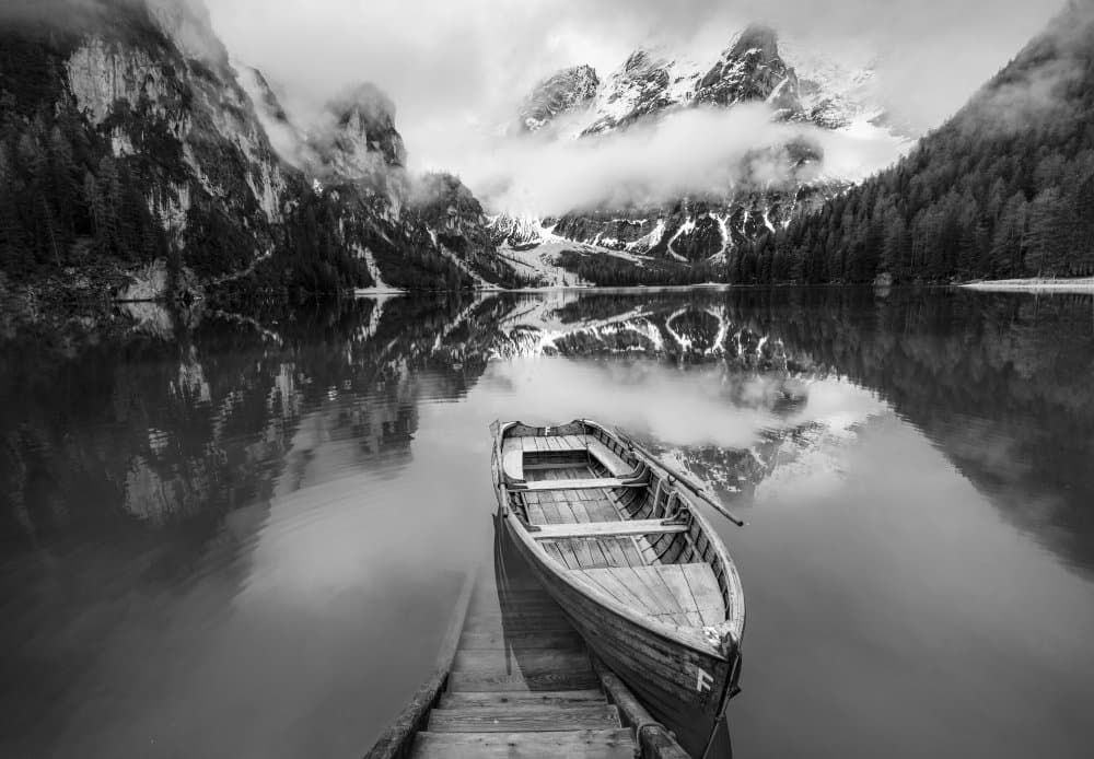 Serene Mountain Lake Boat by Adrian Lázare — canvas wall art