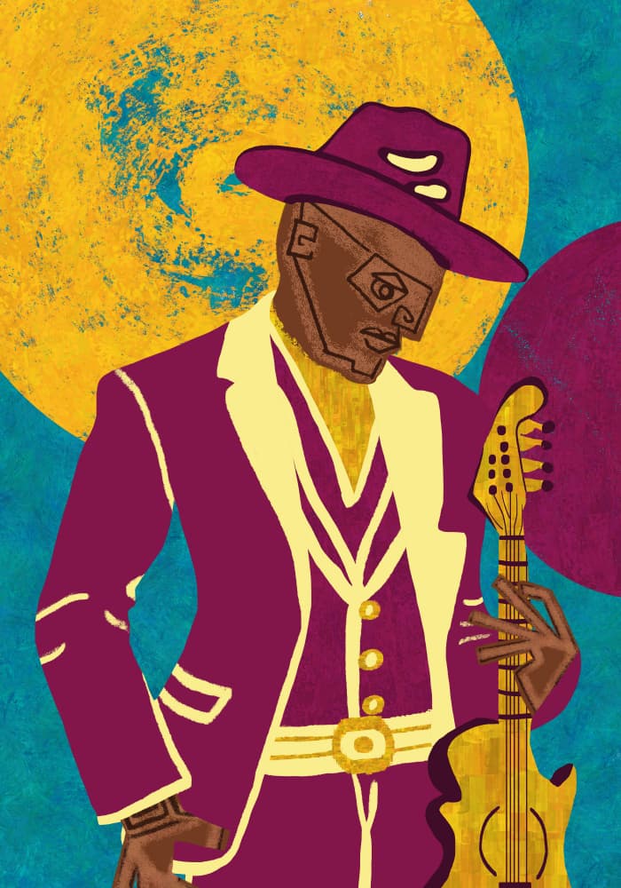 Purple Suit Guitarist by Gulcihan Ozguc — canvas wall art