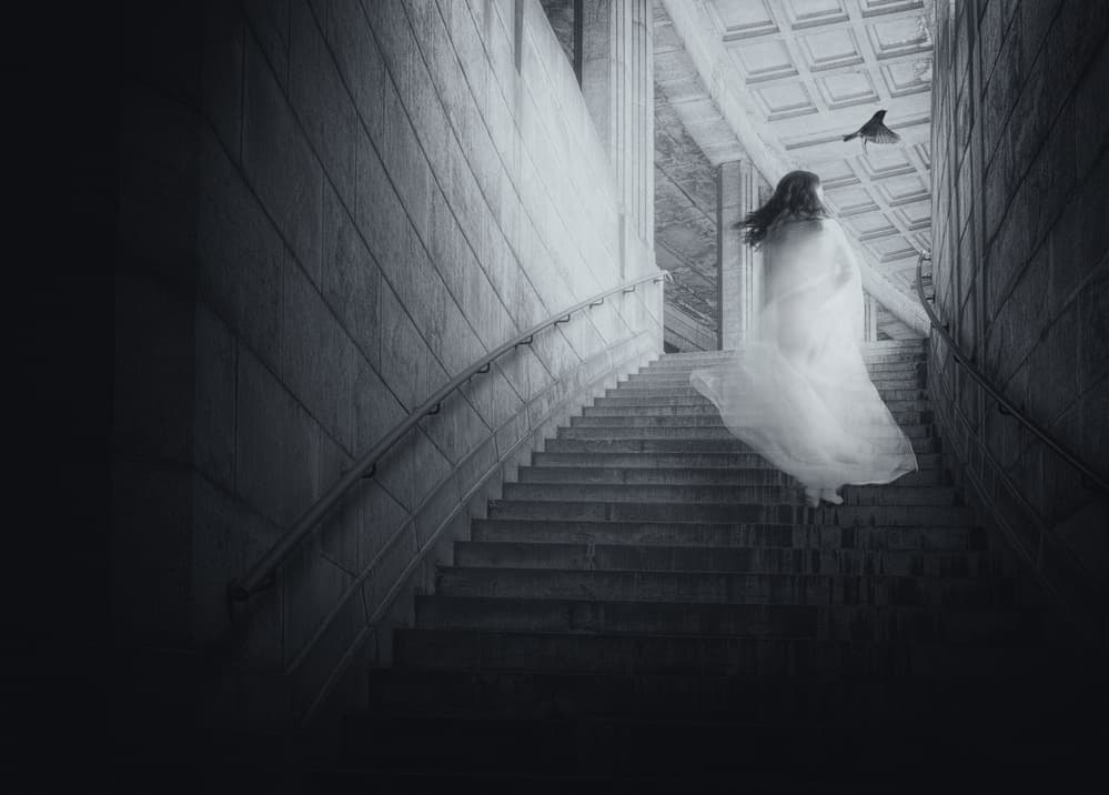 Ethereal Woman Ascending Stairs by Mirjam Delrue — canvas wall art