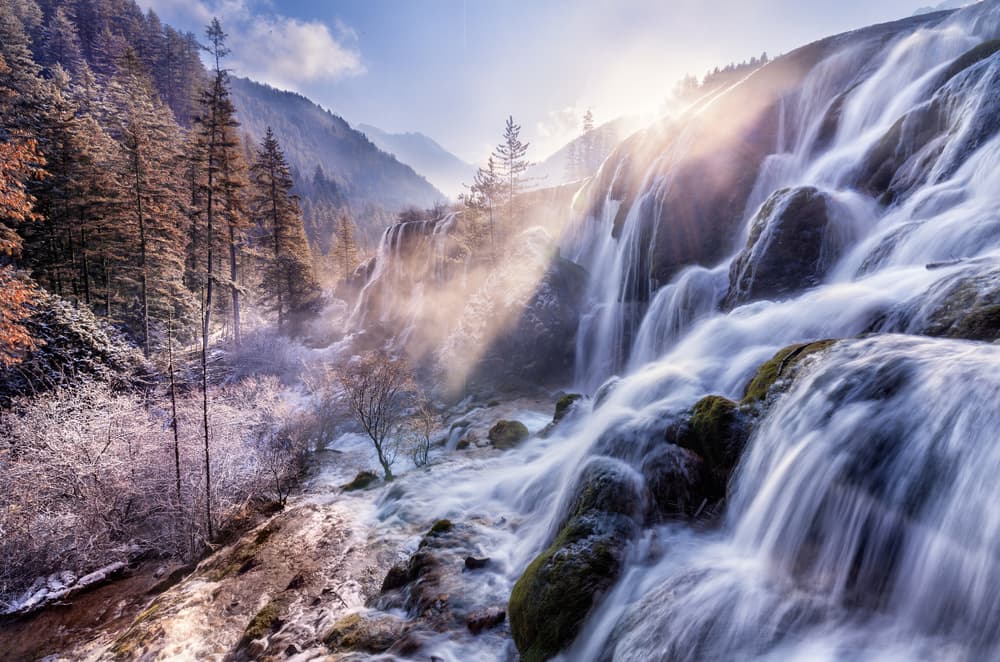 Sunlit Forest Waterfall by Ke Liu — canvas wall art