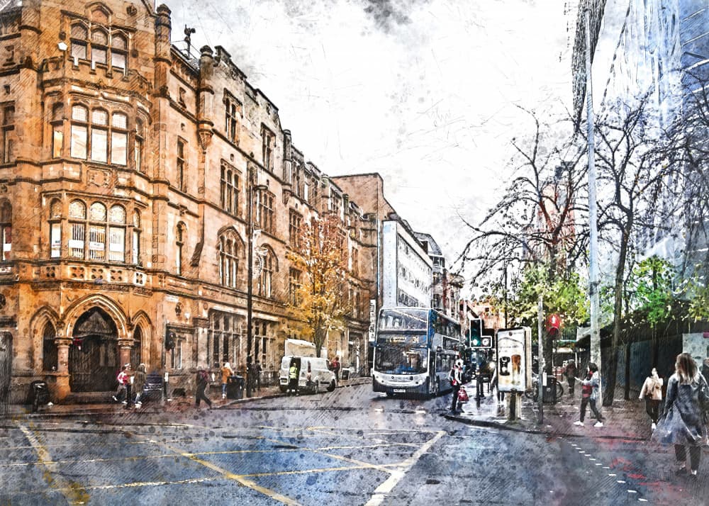 Watercolour City Street by Justyna Jaszke — canvas wall art