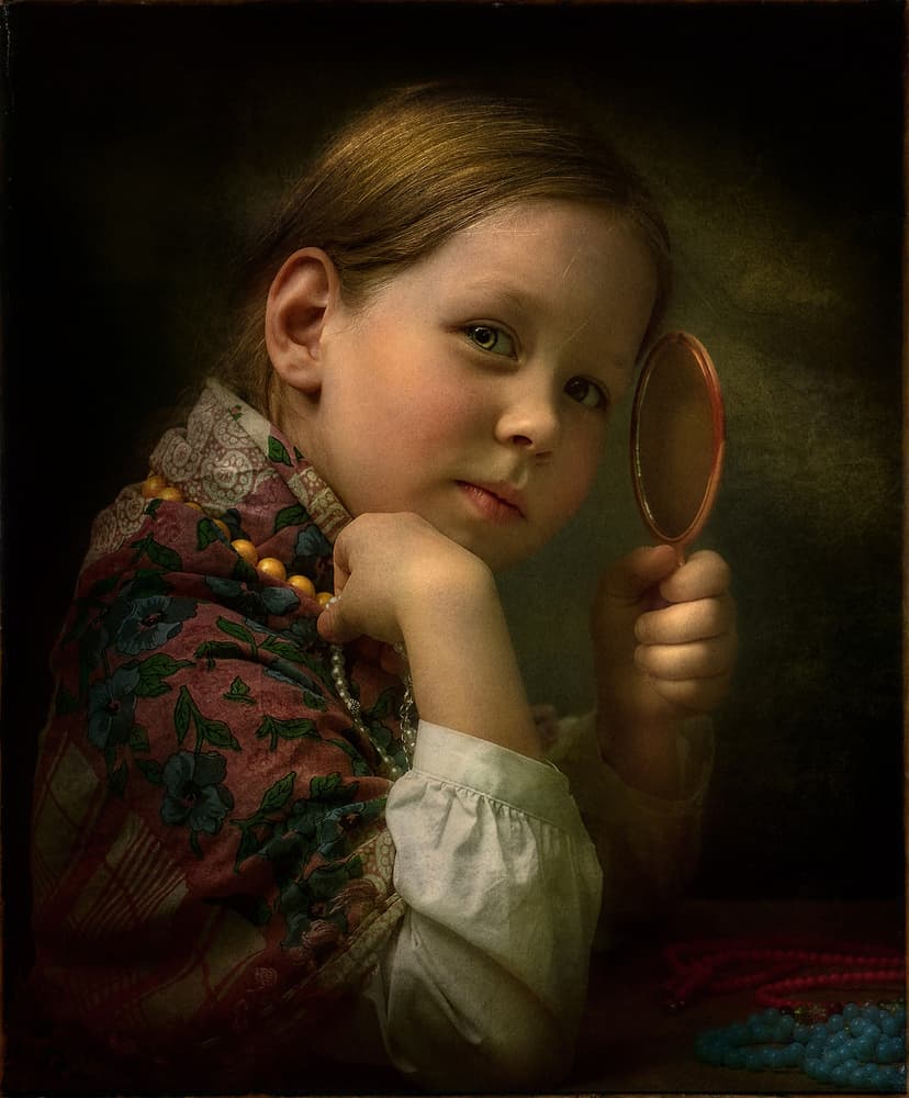 Pensive Girl with Mirror by Svetlana Melik-Nubarova — canvas wall art