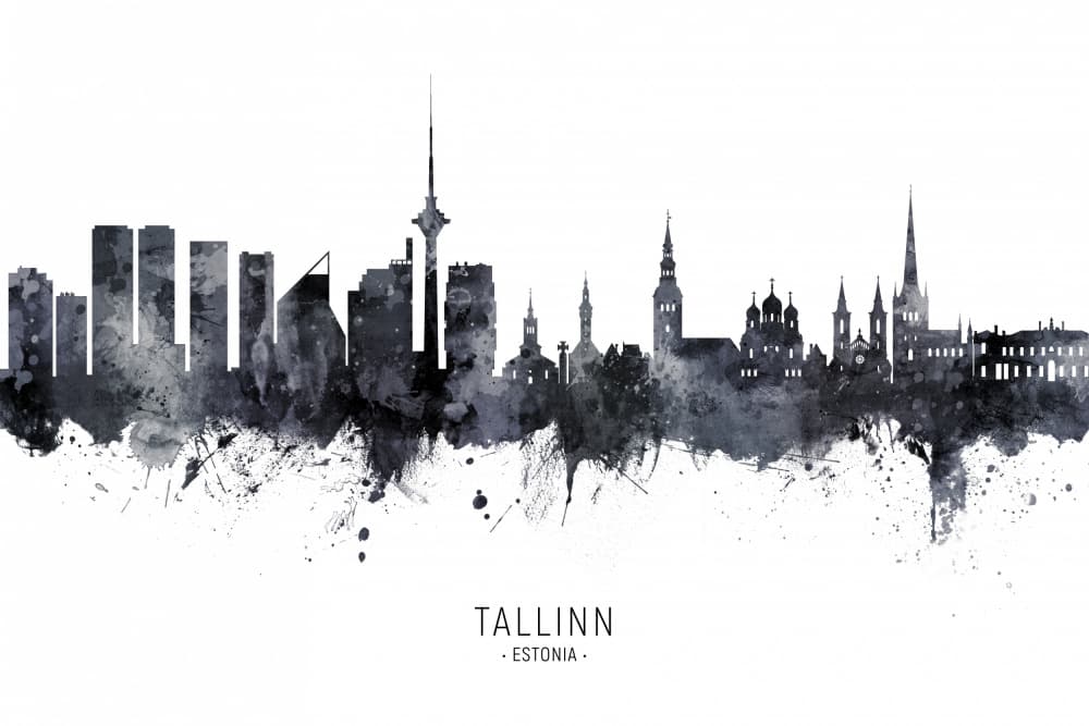 Tallinn Estonia Skyline Watercolor by Michael Tompsett — canvas wall art