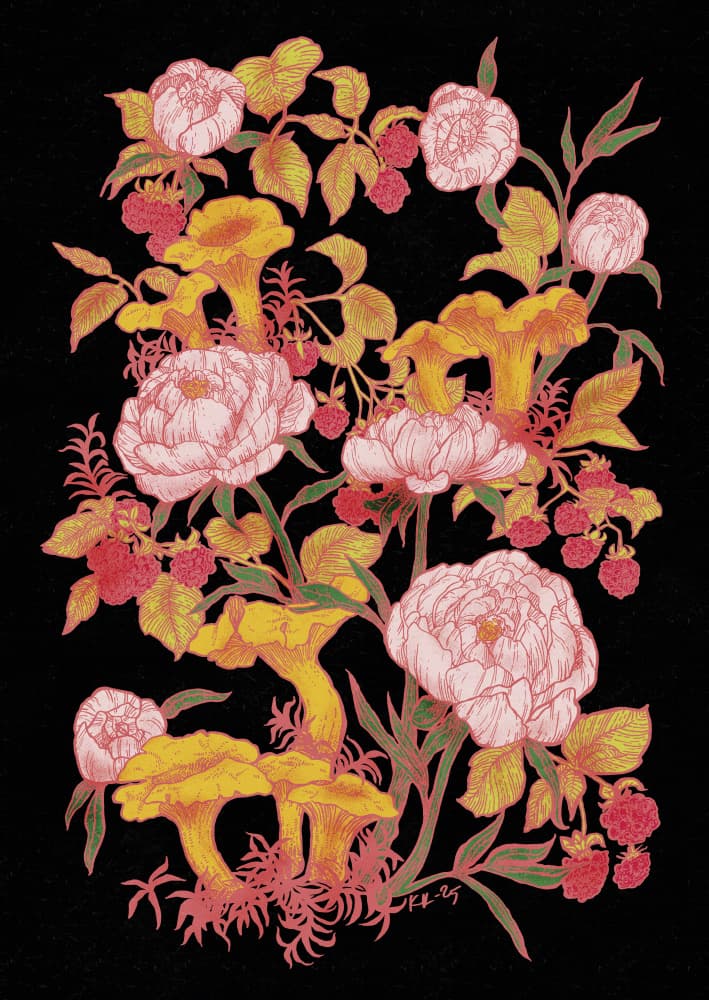 Forest Peonies and Chanterelles by Katariina Kosunen — canvas wall art