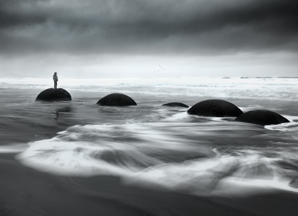 Solitary Figure Ocean Rocks by Gu and Hongchao — canvas wall art