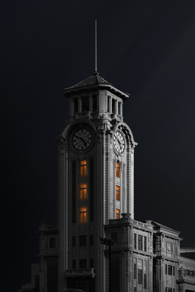 Glowing Clock Tower Night by Yujie Zhang — canvas wall art