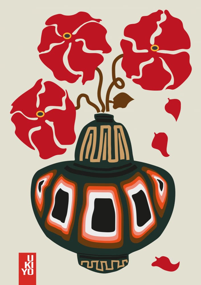 Red Ukiyo Flowers by Frances Collett — canvas wall art