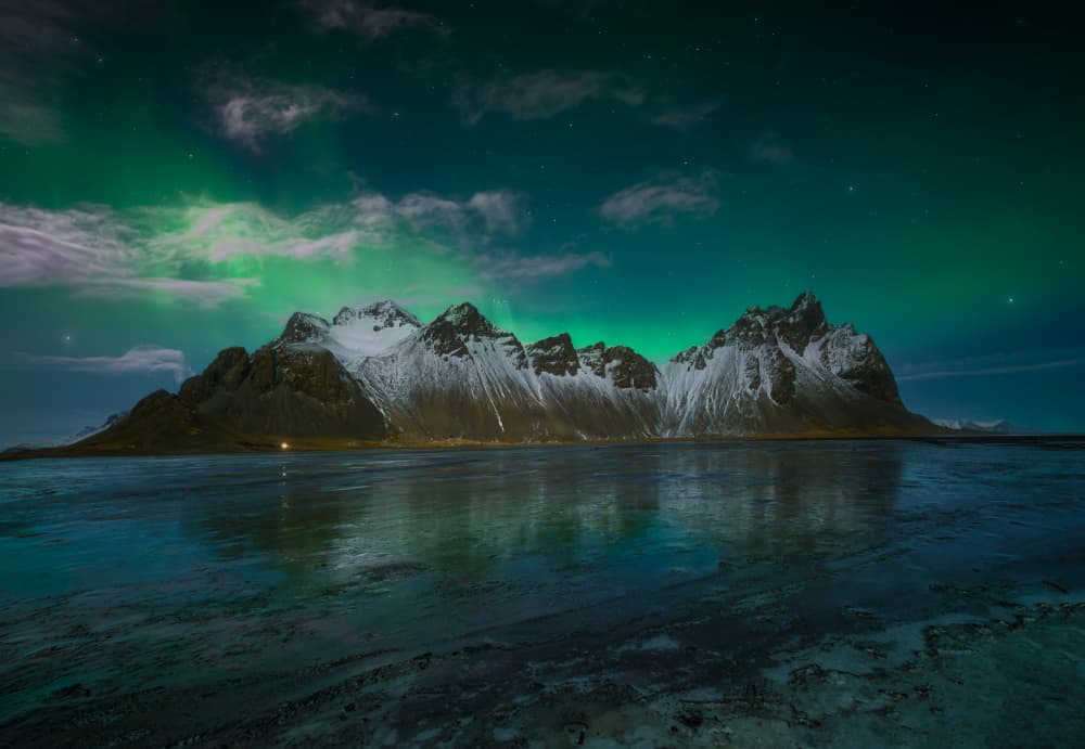 Northern Lights Mountain Reflection by joanaduenas — canvas wall art