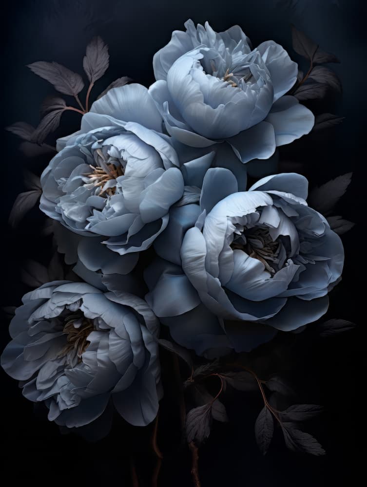 Moody Blue Peonies by Bilge Paksoylu — canvas wall art