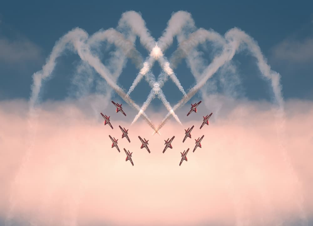Red Jets Sky Hearts by Yanyan Gong — canvas wall art