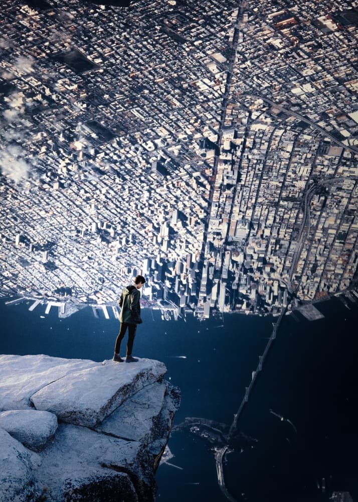 Man Overlooking Inverted City by Ariz Rab — canvas wall art