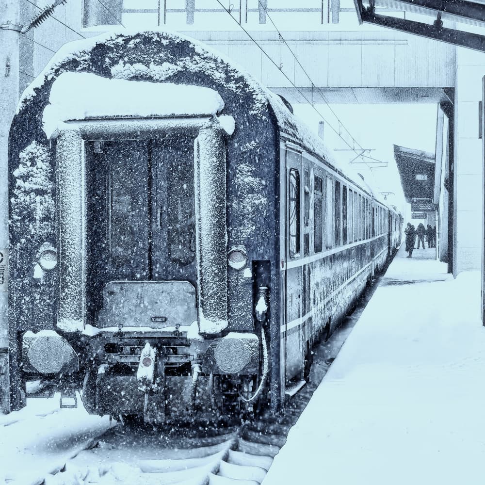 Snowy Winter Train by Valentin Borsan — canvas wall art