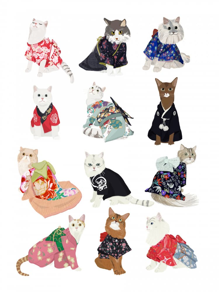 Japanese Kimono Cats by Hanna Melin — canvas wall art