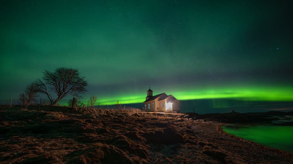 Northern Lights Chapel by James Zhen Yu — canvas wall art
