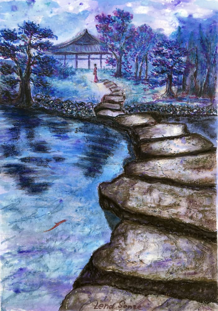 Tranquil Japanese Pond Path by Lena Kolambet — canvas wall art