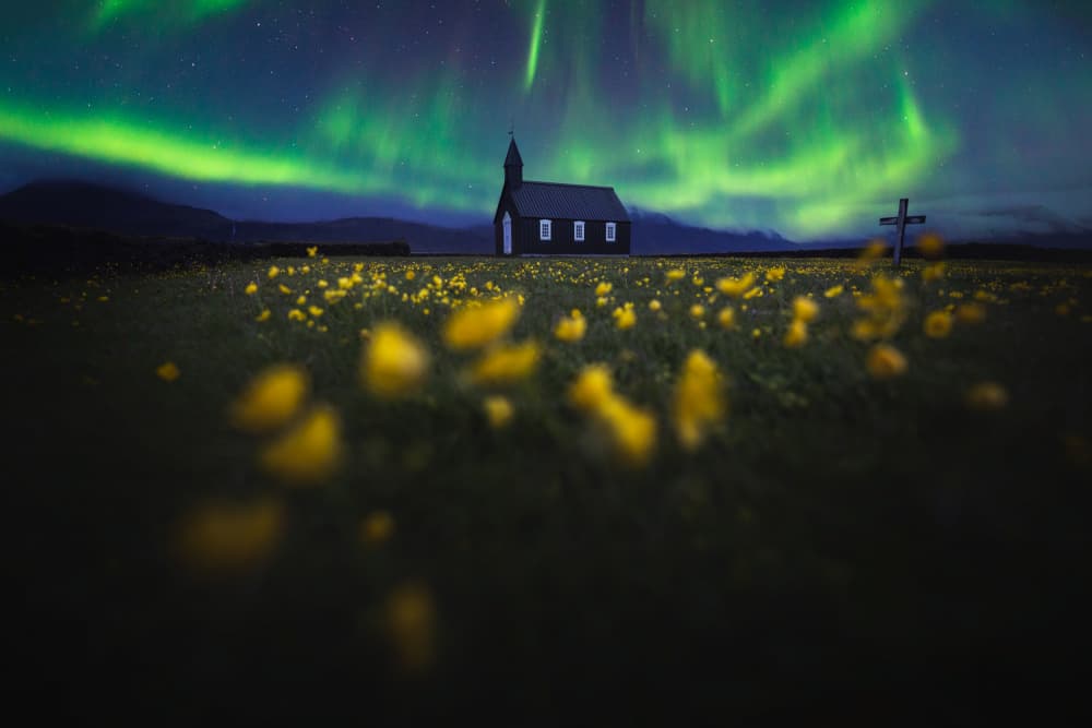 Northern Lights Black Church by Remo Daut — canvas wall art